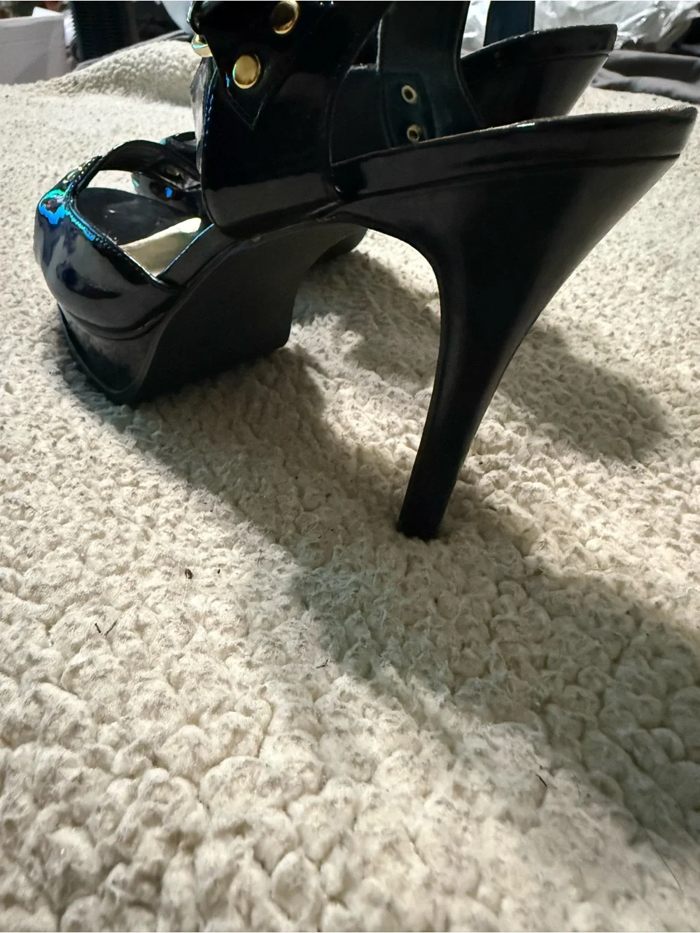 Steve Madden Black Patent Platform Slingback Sandals with Gold Accents